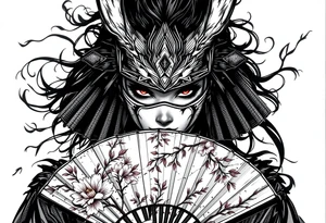 Woman samurai with red eyes wearing an half and broken kitsune mask, holding a japanese fan with Sakura flowers tattoo idea