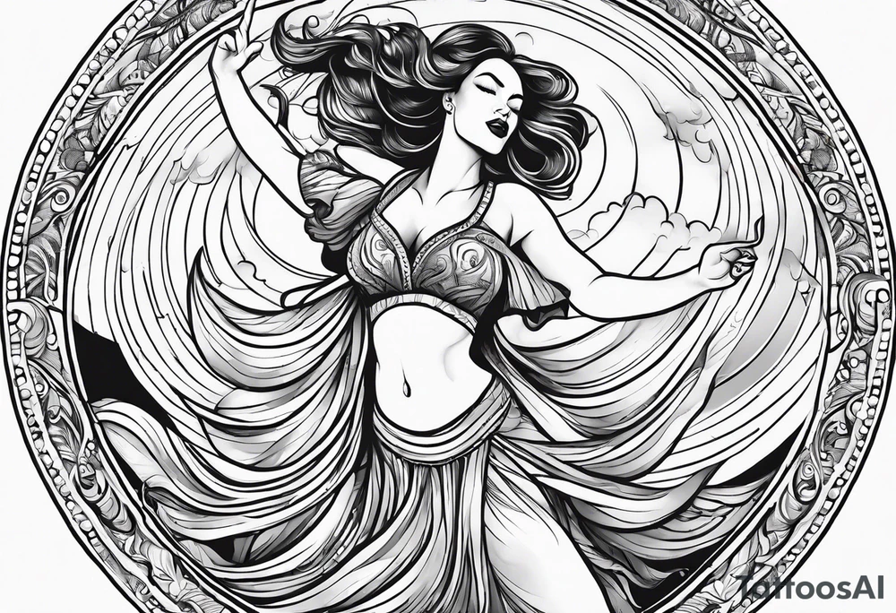 Silly. odd woman ugly dancing pointing her fingers up in the sky. non-realistic. tattoo idea