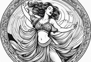 Silly. odd woman ugly dancing pointing her fingers up in the sky. non-realistic. tattoo idea
