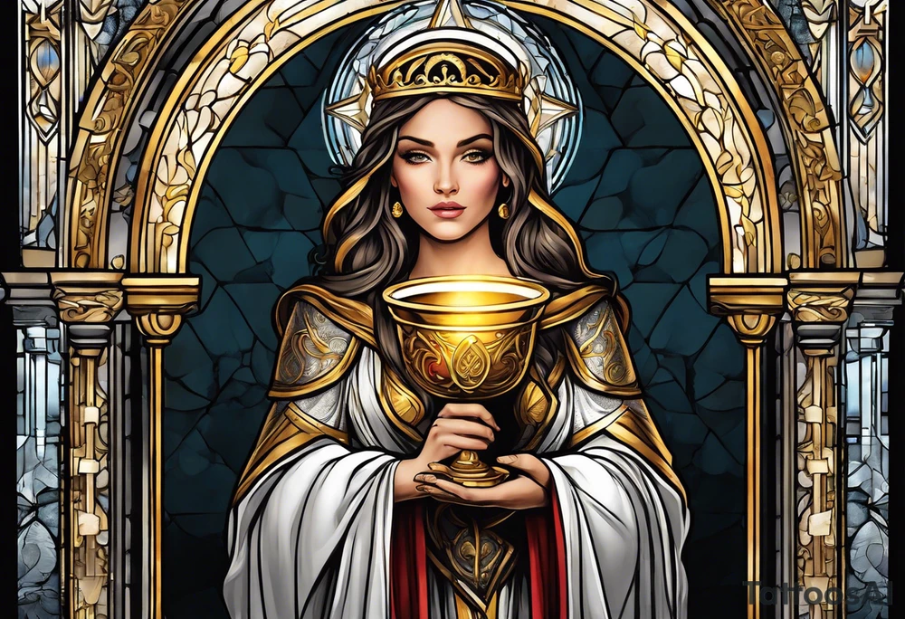 woman saint holding chalice surrounded by golden halo tattoo idea