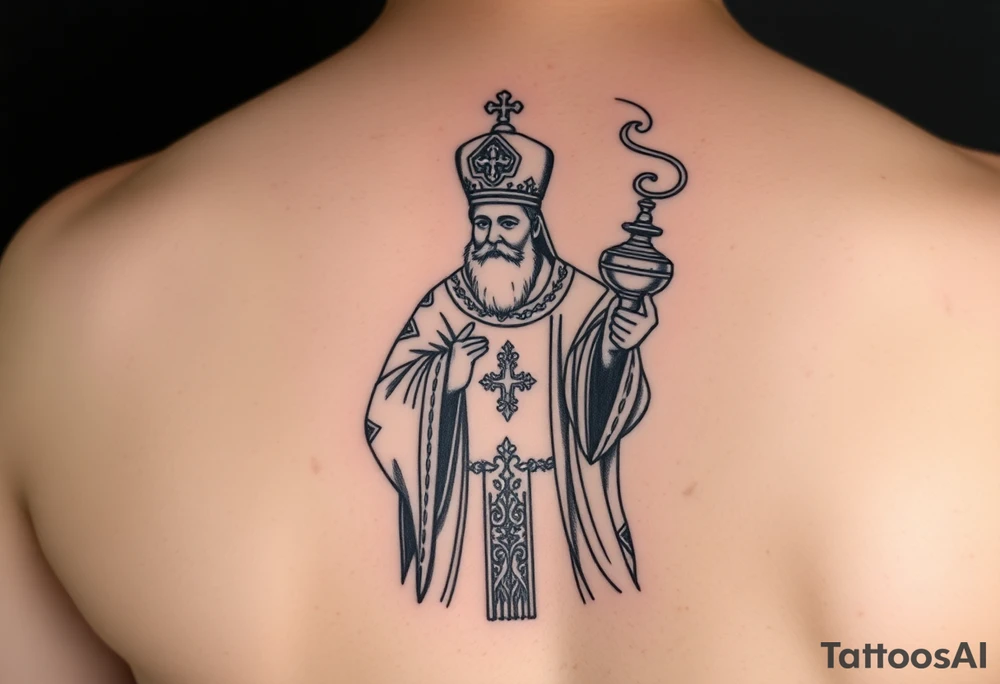 Russian Orthodox Priest in fully detailed vestment swinging a censer with smoke curling upward tattoo idea