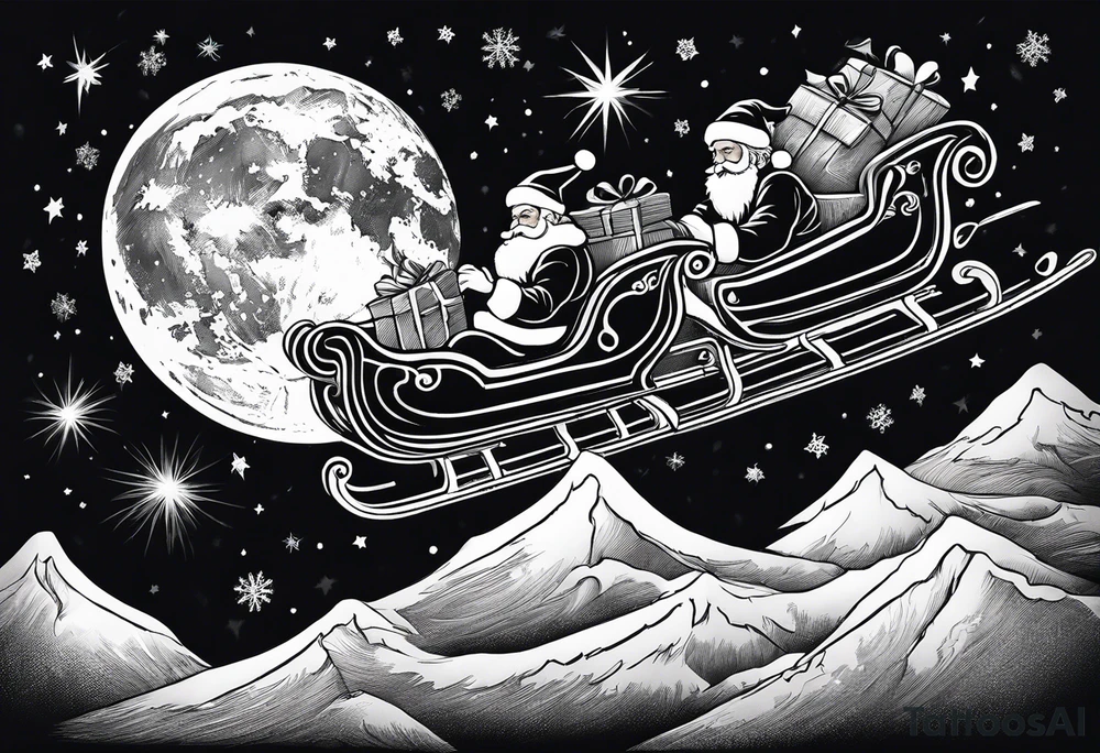 Santa flying in sky at night with his sleigh tattoo idea