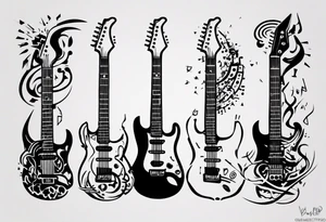 Create a unique tattoo design inspired by my passion for the electric guitar and video games. It could be an abstract representation of musical notes and pixel graphics. tattoo idea
