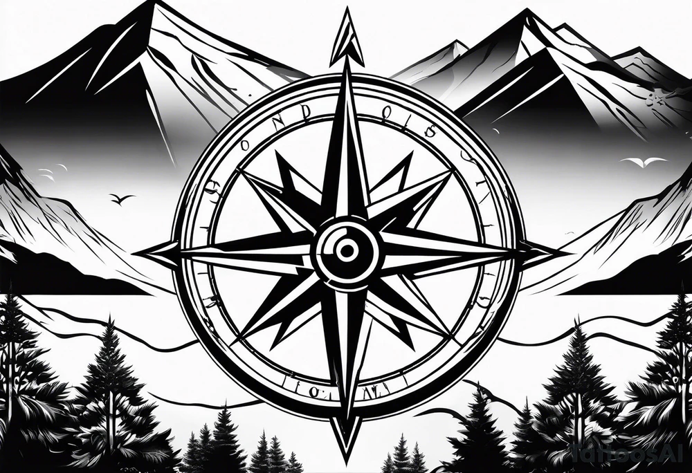 Compass rose with mountains tattoo idea