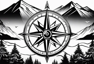 Compass rose with mountains tattoo idea