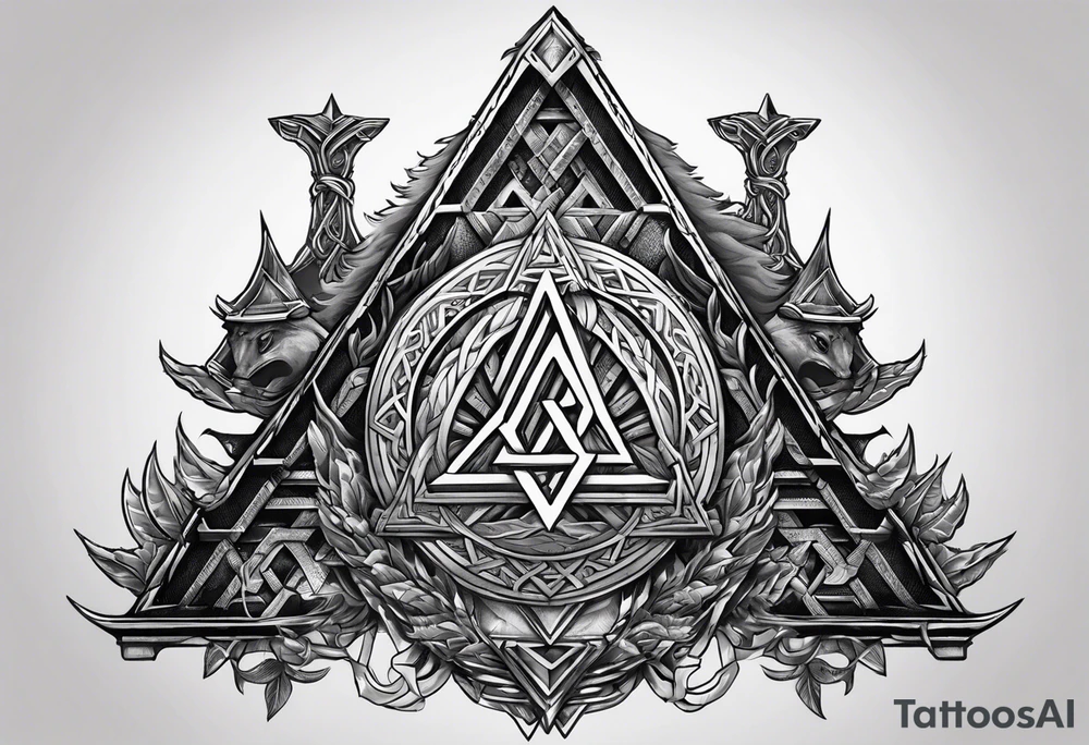 Valhalla sword shield dragon axe stairs Valknut barbed wire chains valknut fire tattoo idea