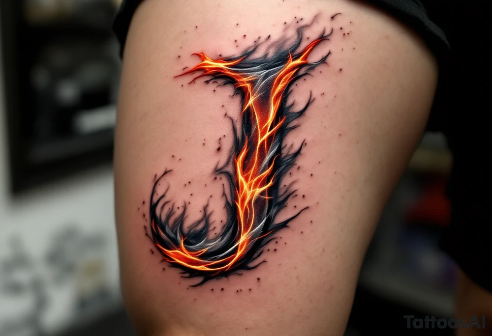 Flaming "J" in gradient shades of orange, red, and smoky gray. tattoo idea