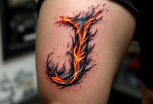 Flaming "J" in gradient shades of orange, red, and smoky gray. tattoo idea