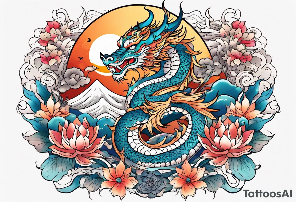 mangang dragon totem with lotus flowers and tiger with the sun and crescent moon tattoo idea