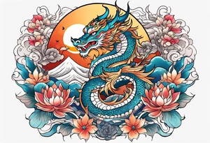 mangang dragon totem with lotus flowers and tiger with the sun and crescent moon tattoo idea