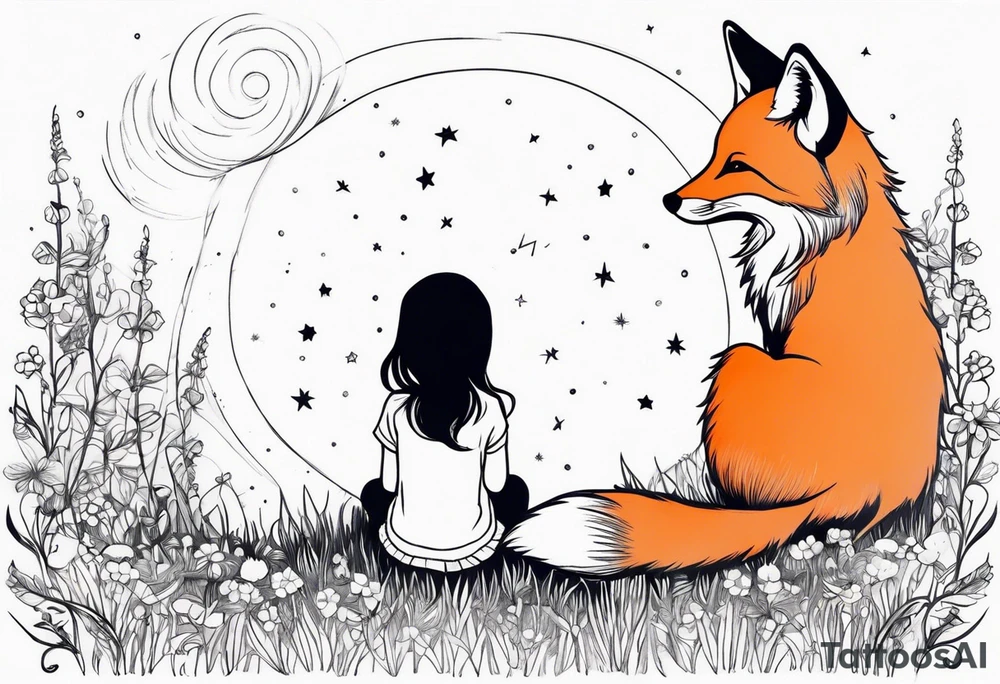 sitting from behind looking at the stars, a little girl and a fox sitting in the grass tattoo idea