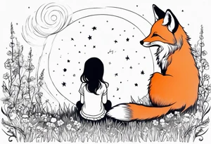 sitting from behind looking at the stars, a little girl and a fox sitting in the grass tattoo idea
