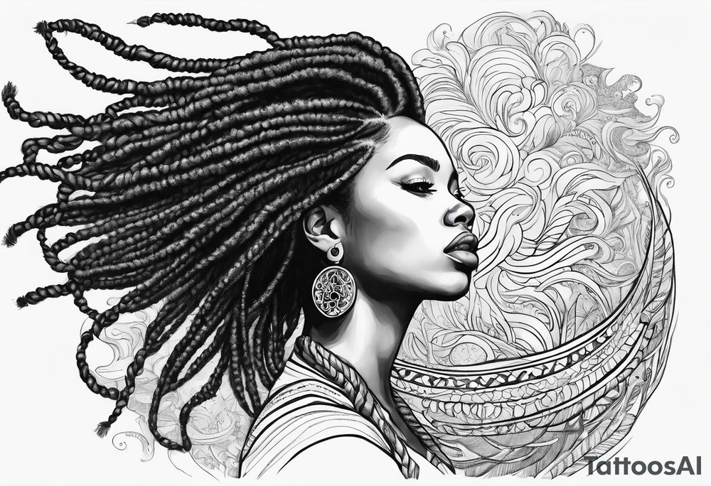 Draw a women head with real dread locks flying in the air, tattoo idea