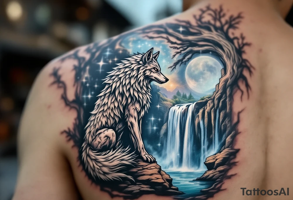 A mystical wolf-headed Aquarius guardian, standing by a cosmic waterfall, symbolizing Aquarius’ deep intuition and free spirit. tattoo idea