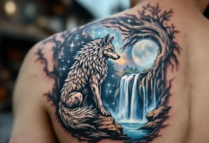 A mystical wolf-headed Aquarius guardian, standing by a cosmic waterfall, symbolizing Aquarius’ deep intuition and free spirit. tattoo idea