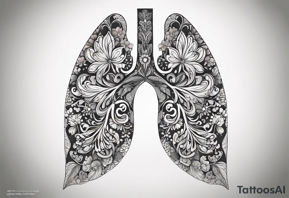 intricate and artistic arrangement of flowers and ornamental patterns that come together to form the shape of human lungs. The design should have a balance of delicacy and detail, with vibrant floral elements seamlessly intertwining to mimic the structure of the lungs, including the bronchi branching into floral motifs. Incorporate subtle shading and depth to give the tattoo a dynamic and organic feel, while maintaining elegance and symmetry, embraced by an octopus and butterflies flying around tattoo idea