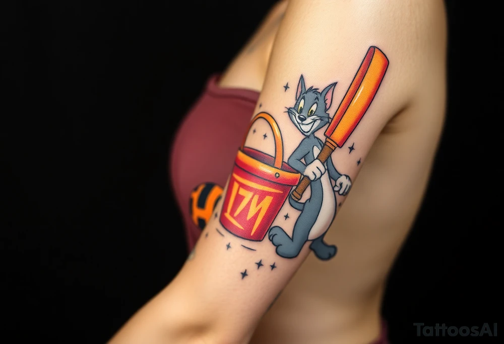 Childhood memories of a small pile of books, a bucket and spade, a football, a cricket bat, a cartoon of Tom from Tom and Jerry tattoo idea