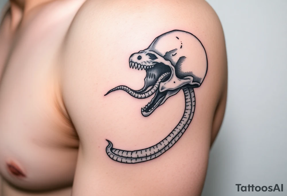 A hyper-realistic Dark Mark, with the snake slithering out of the skull’s open mouth, coiled in a hypnotic pose tattoo idea