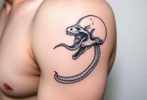 A hyper-realistic Dark Mark, with the snake slithering out of the skull’s open mouth, coiled in a hypnotic pose tattoo idea