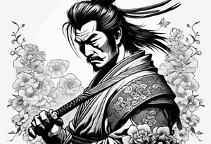 samurai experiencing enlightenment making dead flowers bloom around him tattoo idea