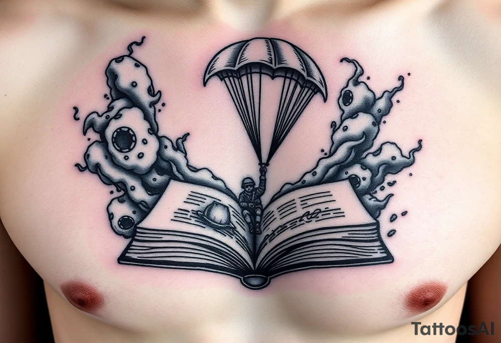 A parachuting soldier landing into an open book. Chaos surrounding, but the book is protecting the soldier from it. On the chest. Make the tattoo smaller. Make it thought provoking. Make the chaos in the environment be an eerie mist. Make the pages in the book be blank. Just one soldier, no other characters. the book is old. tattoo idea