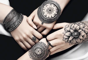 three baby hands and arms holding each other arm in a circle. Each wrist has a bracelet on it, with the names Arabella, Everleigh, and Arayla engraved on plates tattoo idea