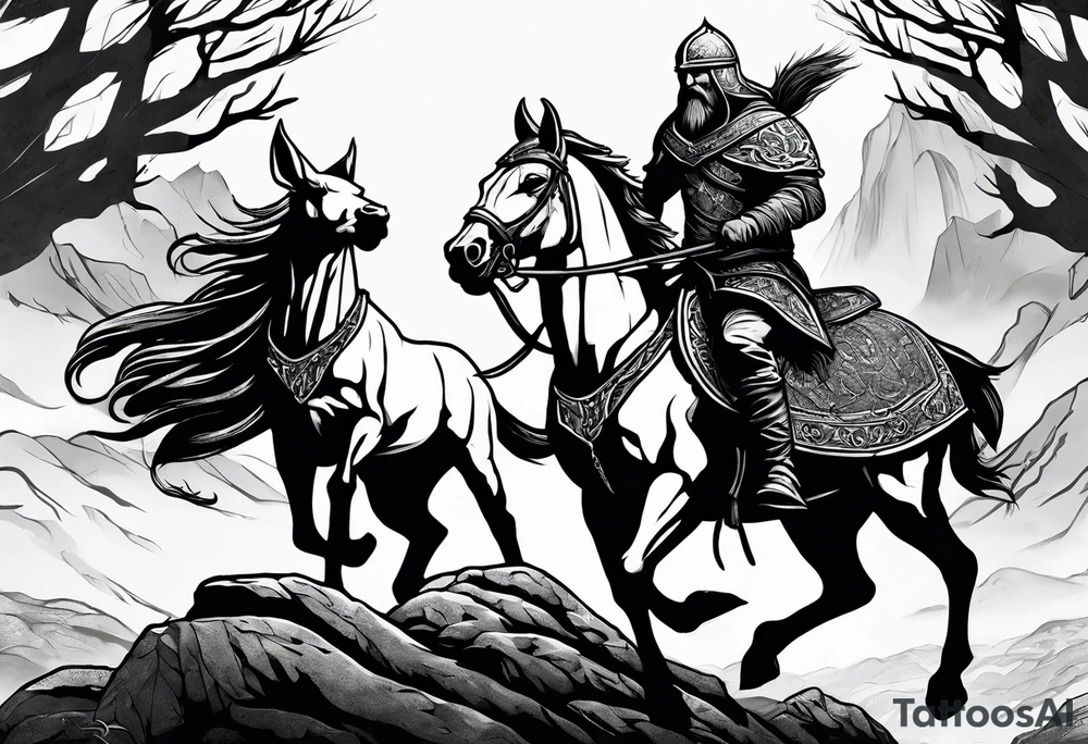Hooded viking in the land of the dead riding on a stag with no face tattoo idea