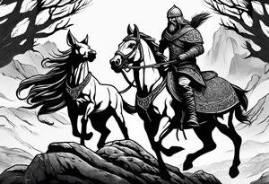 Hooded viking in the land of the dead riding on a stag with no face tattoo idea