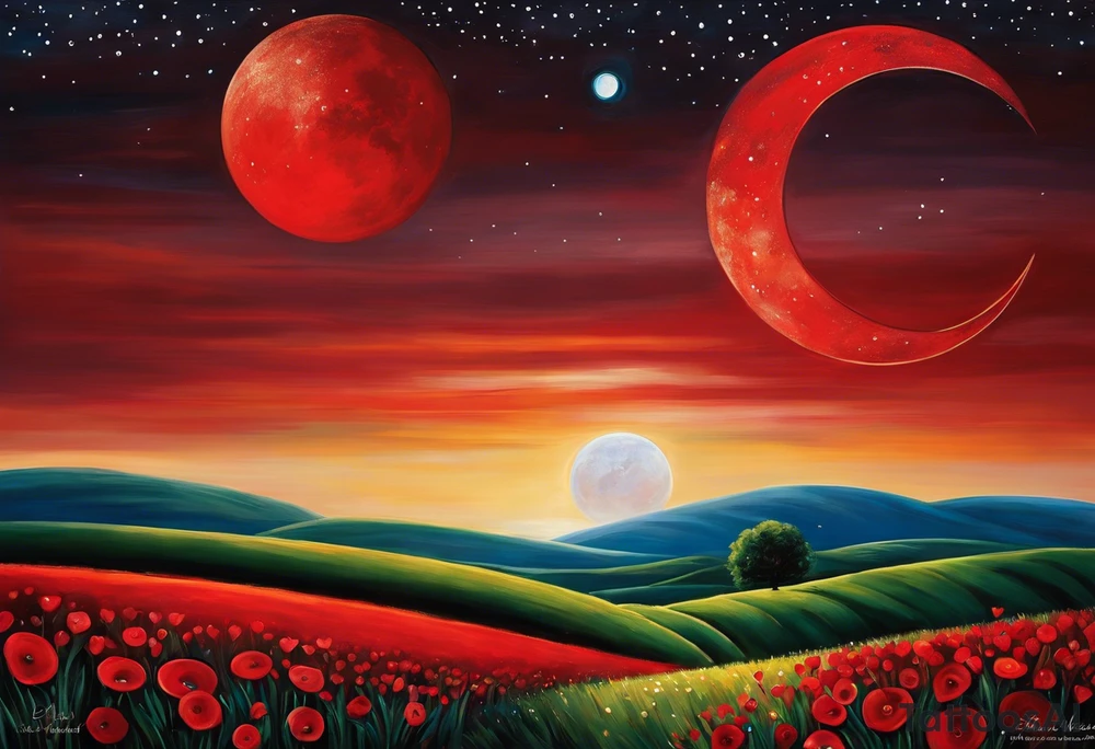 4.	Lunas Compartidas: Dos lunas crecientes, una frente a la otra, formando un círculo cuando se unen, simbolizando la unidad y el amor eterno. Puedes agregar un pequeño detalle en rojo para darle vida. tattoo idea