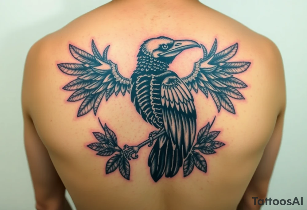 Raven skeleton with peackock feathers and ornaments around tattoo idea