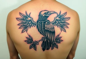 Raven skeleton with peackock feathers and ornaments around tattoo idea