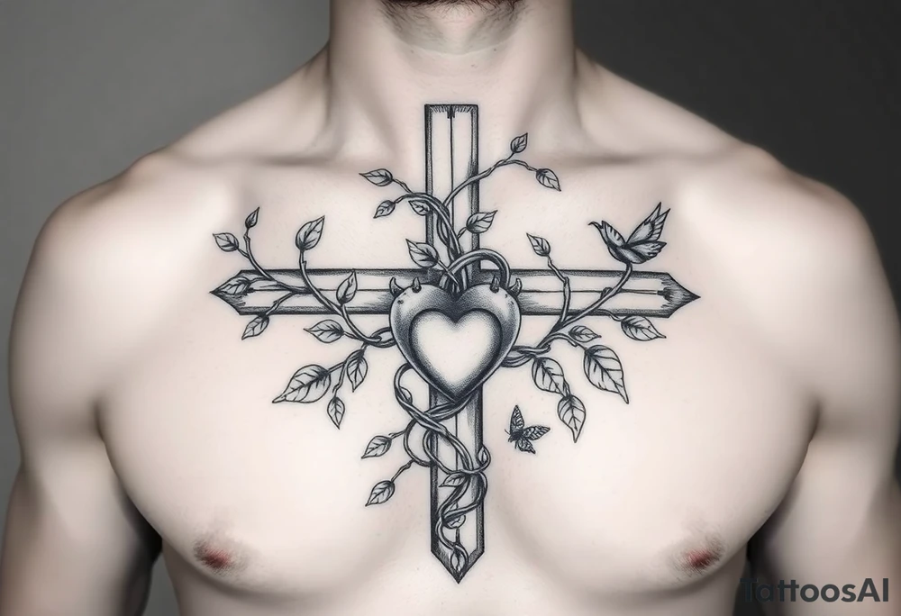 powerful majestic cross on the front of the body center to the chest with vines closely wrapped around the cross representing life and a heart within the cross being held like a chain from the cross and other symbols of life like insects and birds butterflies tattoo idea