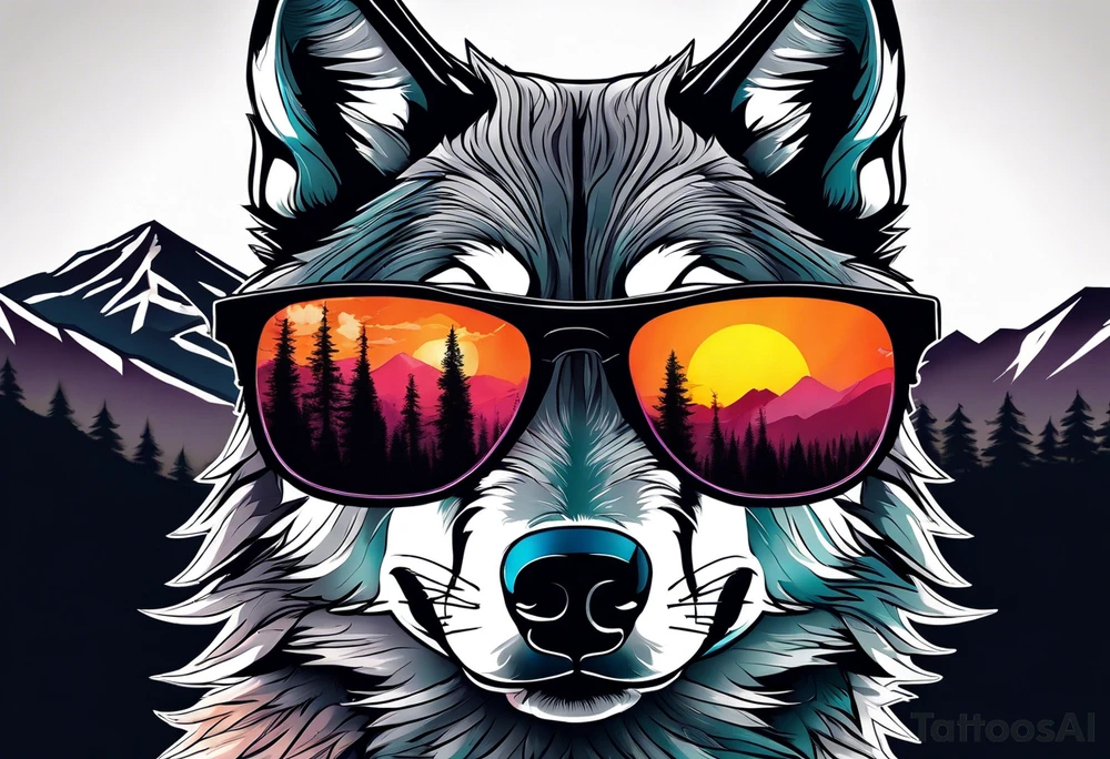 Badass wolf wearing sunglasses
Dark woods
Mountain peaks
Sunset tattoo idea