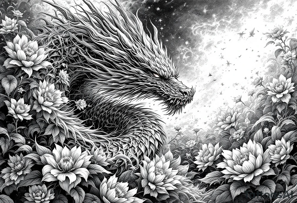 legendary dragon scene with energy aura flowers power effects tattoo idea