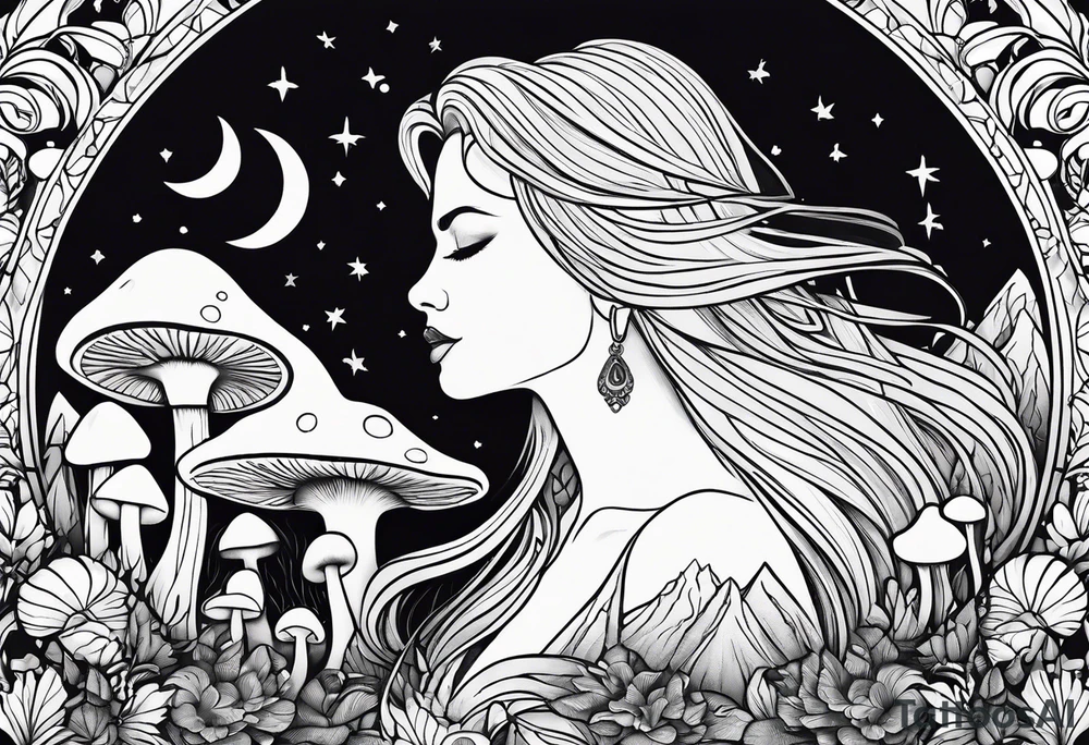 Fat older blonde woman long hair thin lips surrounded by mushrooms crescent moon mountains background "GRACEFUL" tattoo idea