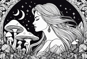Fat older blonde woman long hair thin lips surrounded by mushrooms crescent moon mountains background "GRACEFUL" tattoo idea