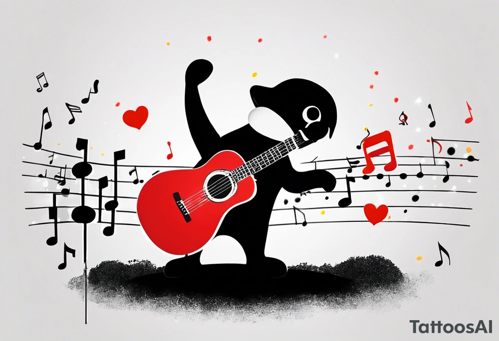 Black and white silhouette illustration of a whimsical chibi mole wearing sunglasses and holding a small red guitar-shaped object. The mole is looking upwards to the right, with its features simplified and stylized. The background is filled with abstract, glowing music note-shaped bokeh lights, creating a sense of warmth and affection. The focus remains on the mole, with the contrasting bokeh shapes enhancing the playful and dreamy atmosphere. The overall design emphasizes simplicity and charm in a striking black-and-white silhouette style. tattoo idea