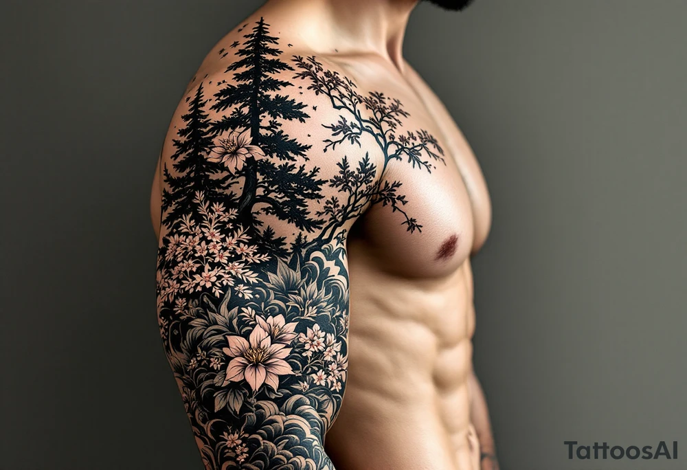 evergreen forest with sakura trees tattoo idea