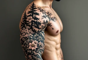 evergreen forest with sakura trees tattoo idea