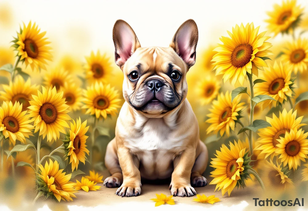 French Bulldog in sunflowers, smiling and sitting among tall golden yellow sunflowers, light tan fur with white paws. tattoo idea