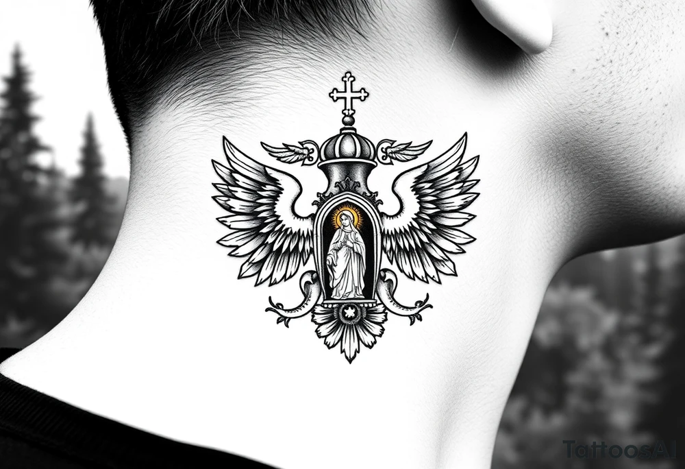 russian coat of arms double headed eagle traditional christian orthodox cross with a virgin mary stood in the entrance of a russian orthodox dome church on the side of the neck in a wilderness setting tattoo idea