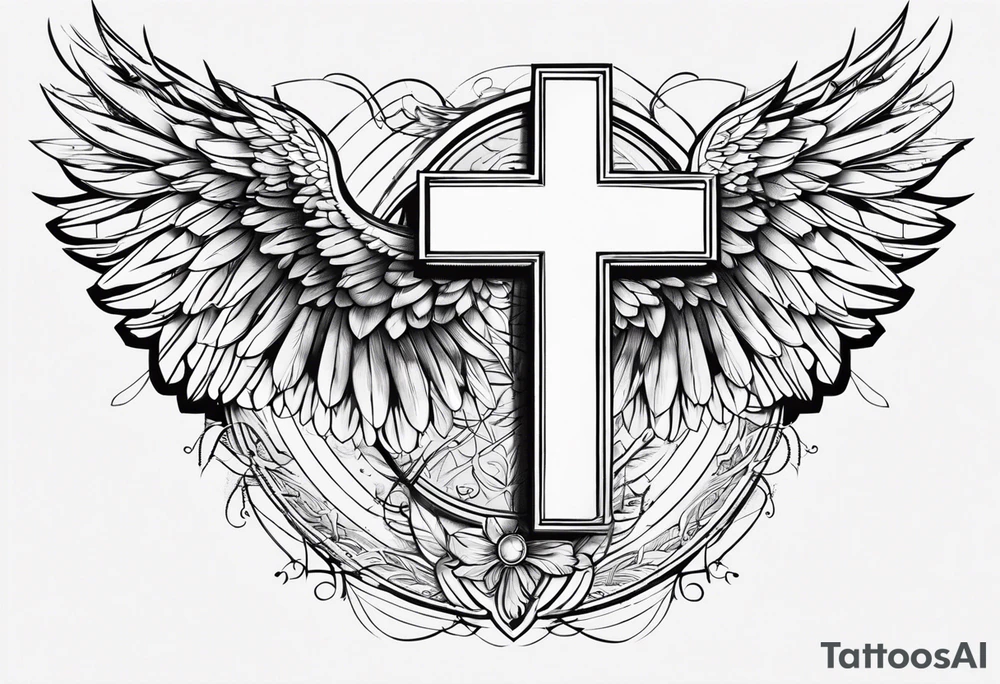 angel wings tattoo with a cross and the letters DJ in it tattoo idea