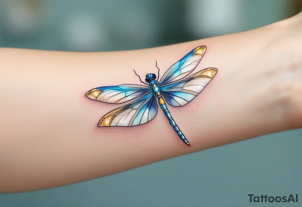 A highly detailed dragonfly with translucent wings in shades of blue, teal, and silver, catching the light with a subtle iridescent shimmer. Its body is adorned with fine gold detailing, and a trail of tiny glowing stars follows its flight, symbolizing change and resilience. tattoo idea