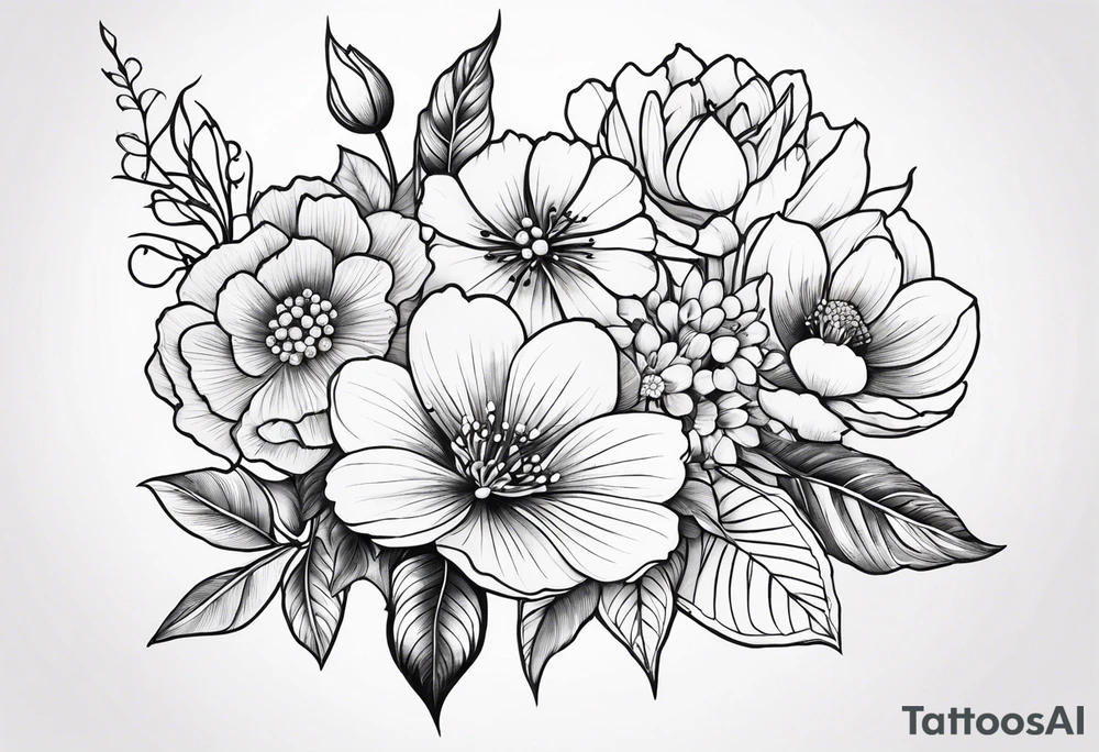 August, April & December Birth Flower Bouquet tattoo idea