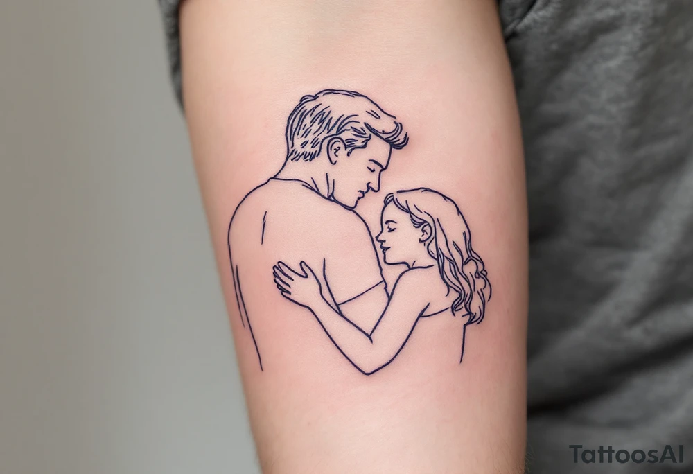 A fine-line tattoo of a father and daughter embracing, filled with soft lavender and blush tones. tattoo idea