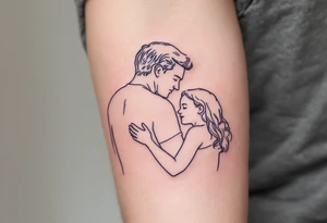 A fine-line tattoo of a father and daughter embracing, filled with soft lavender and blush tones. tattoo idea