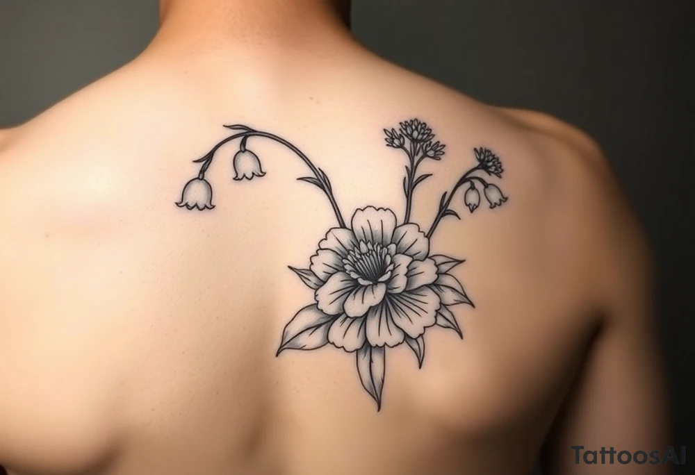 lily of the valley, marigold, and chrysanthemum tattoo idea