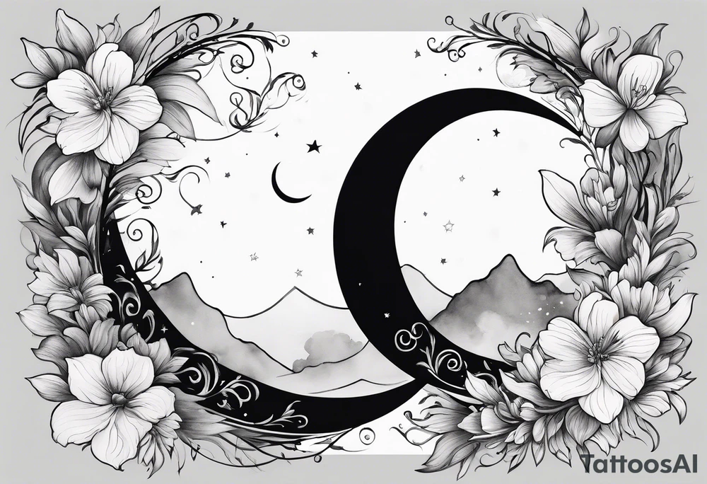 Crescent moon shrouded by beautiful flowers with wisps of mist tattoo idea