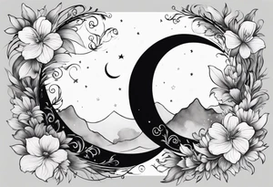 Crescent moon shrouded by beautiful flowers with wisps of mist tattoo idea