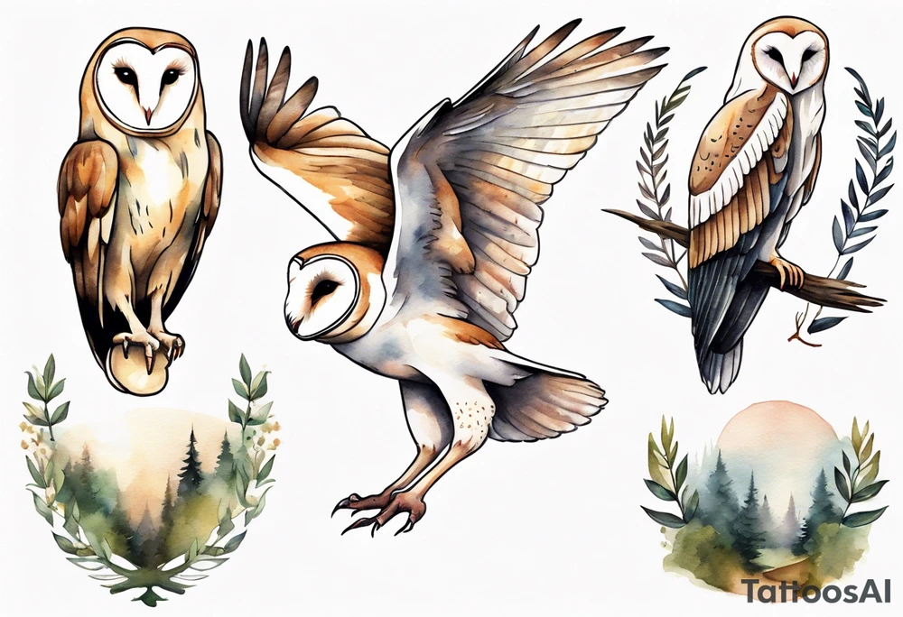 a barn owl with the legs of a stork walking a forest path tattoo idea